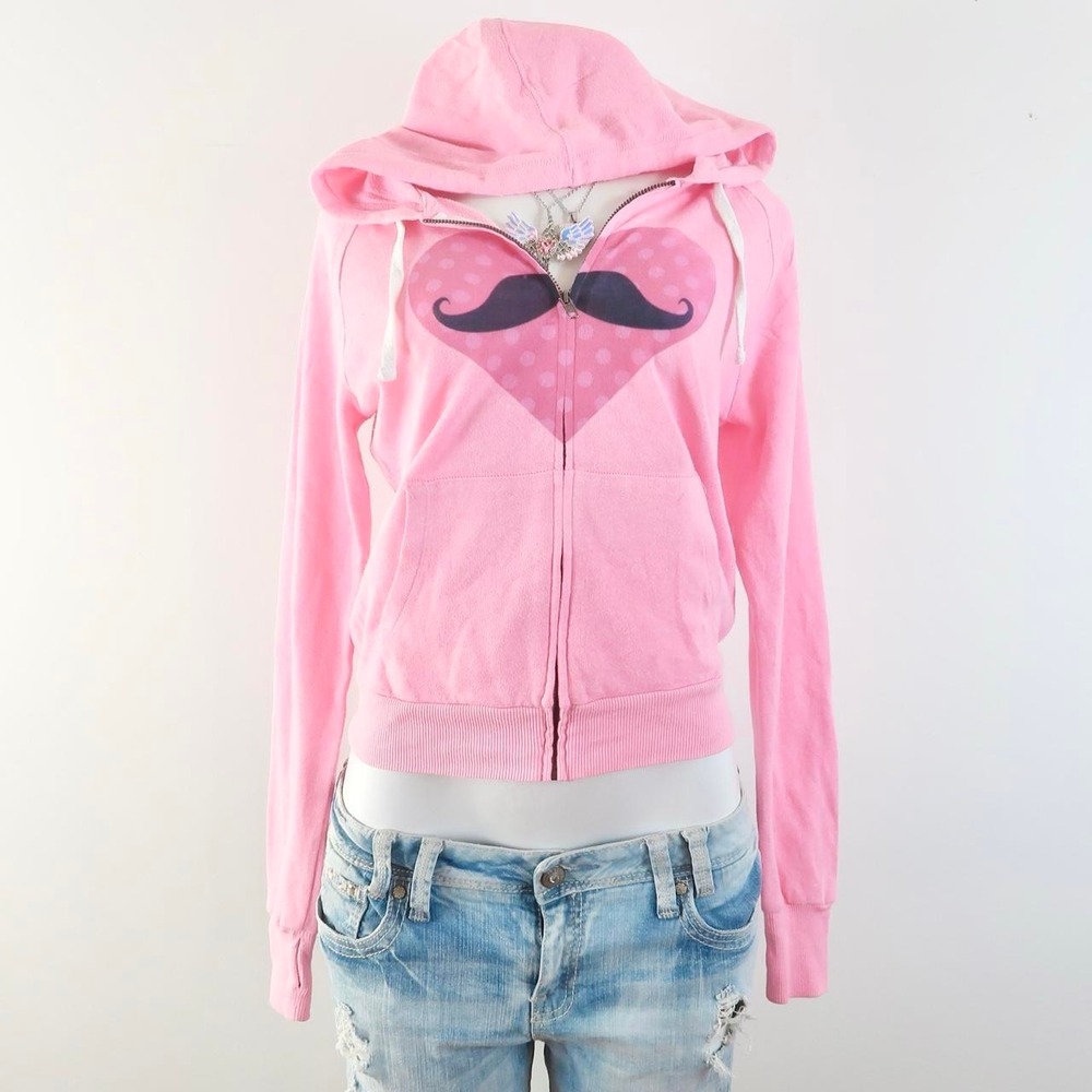 y2k pink mustache heart graphic zip up hoodie 2000s novelty
